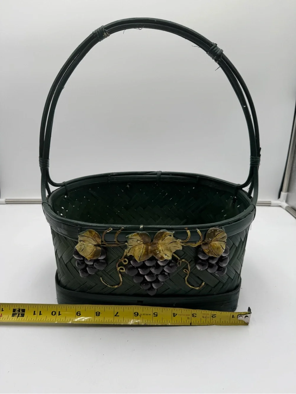 Vintage Green Woven Bamboo Basket Grape Vineyard Harvest Decor Floral Centerpiec
